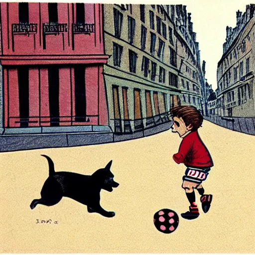 Image similar to book illustration of a french boy on the streets of paris playing football against a corgi, the dog is wearing a polka dot scarf, 1 9 6 6