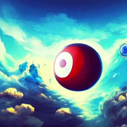 Image similar to a stunning wide angle view of a pokeball falling from a cliff into space, highly detailed clouds, artistic composition, sharp focus, intricate concept art, digital painting, colorful flat surreal design, hd, 8 k, artstation, ambient lighting