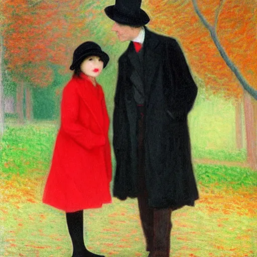 Image similar to a thin man in a black coat and bowler hat talks with small young girl who is dressed in a red coat and a red hat, park, autumn, 1923, wide angle, high detail, in style of Claude Monet, 8k, width 768