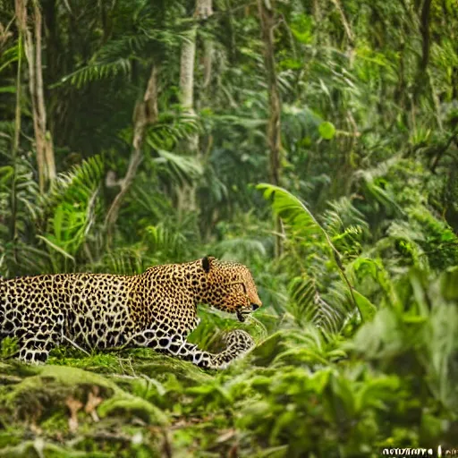 Prompt: A Leopard hunting in the jungle, Canon EOS R3, f/1.4, ISO 200, 1/160s, 8K, RAW, unedited, symmetrical balance, in-frame,