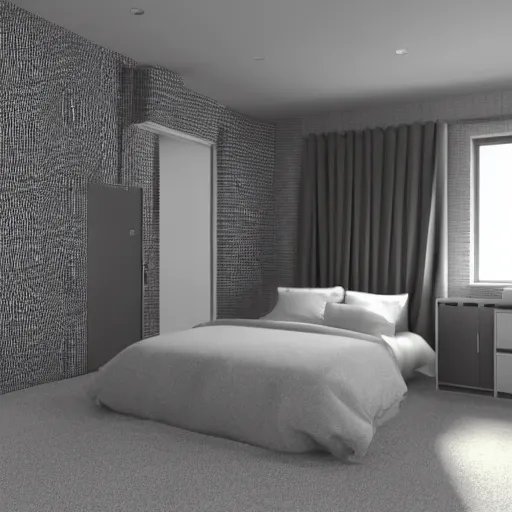 Image similar to 3 d render of a liminal space bedroom