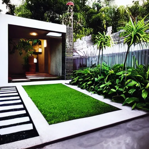 Prompt: small elongated backyard with hut office, white walls, brown tile ground, plants on the sides, modern, high definition, detailed, concrete and glass, architecture, fountain, children playground, photograph, magazine cover, luxury