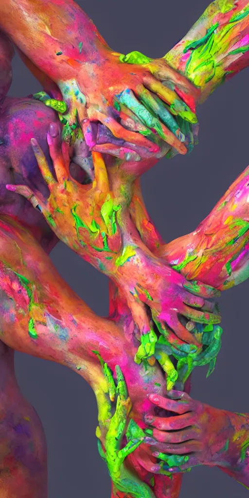 Image similar to closeup photograph of a surrealist sculpture human bodies intertwined, a lovely cornucopia of flowers and human body parts, body parts, paint pour, swirling paint, highly detailed, octane render, cinematic