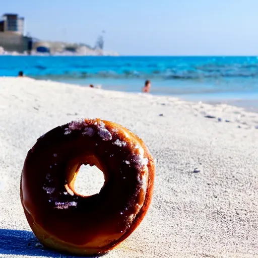 Prompt: a donut resting at the beach