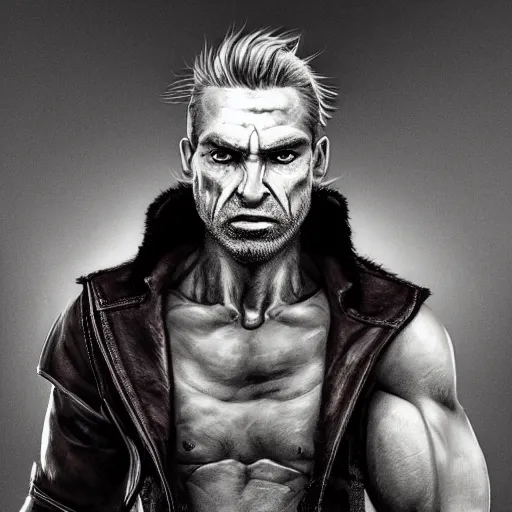 Prompt: portrait of a muscular, grim, ponytail haired blonde man in his late 30's, wearing a thick brown leather coat, looking to his side, scarred face, chiseled face, hunter, DnD character, fantasy character, dramatic lighting, high detail, graphite black and white by Ruan Jia, Krenz Cushart, Rossdraws and Boris Vallejo