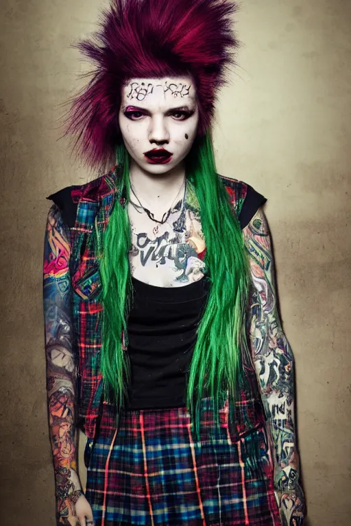 Image similar to upper body portrait hannah murray as a punk woman with green mohawk, covered in neotraditional style tattoos, wearing a bold tee shirt, flannel jacket, fishnets and a long tartan skirt, intimidating, max details, hyperrealistic, photorealistic, ultra - realistic, ultra - detailed, cinematic, 8 k resolution by alan lee