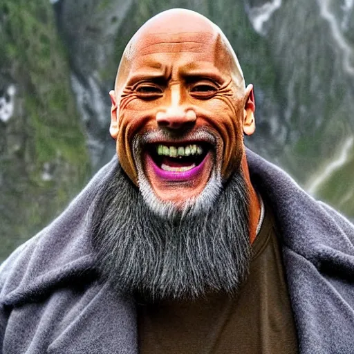 Prompt: dwayne johnson as an old druid wizard, bald, bushy grey eyebrows, long grey hair, disheveled, wise old man, wearing a grey wizard hat, wearing a purple detailed coat, a bushy grey beard, sorcerer, he is a mad old man, laughing and yelling