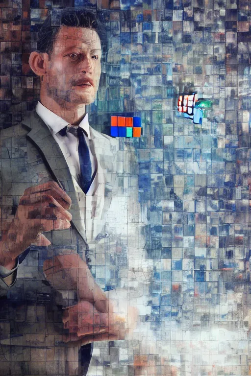 Image similar to a hyper - realistic hyper - detailed fine painting of a man wearing a suit and with a rubik's cube head, ultra - realistic detailed surrealism, magical realism, octane render