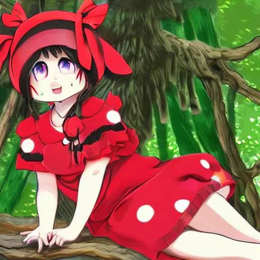 Image similar to an digital illustration of reimu in the jungle wearing bonnet