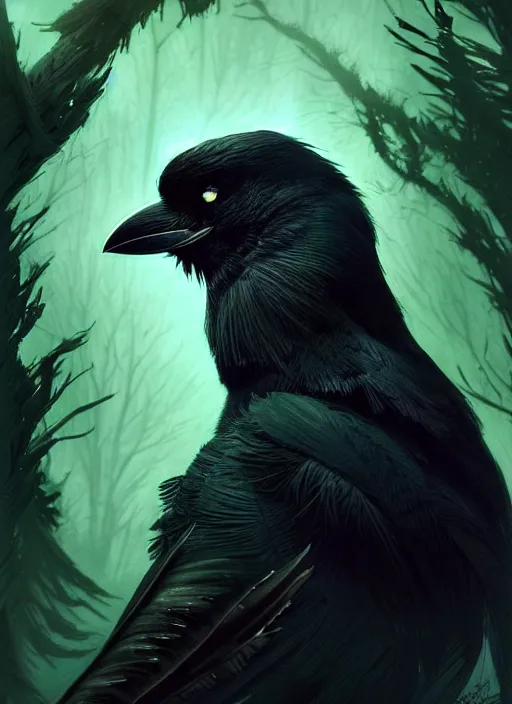 Image similar to side portrait dark crow (animal), close-up, fantasy forest landscape, moonshine, fantasy magic, nice black feather, proud, green dark light night, intricate, elegant, sharp focus, illustration, highly detailed, digital painting, concept art, matte, art by WLOP and Artgerm and Greg Rutkowski and Eddie Mendoza, masterpiece