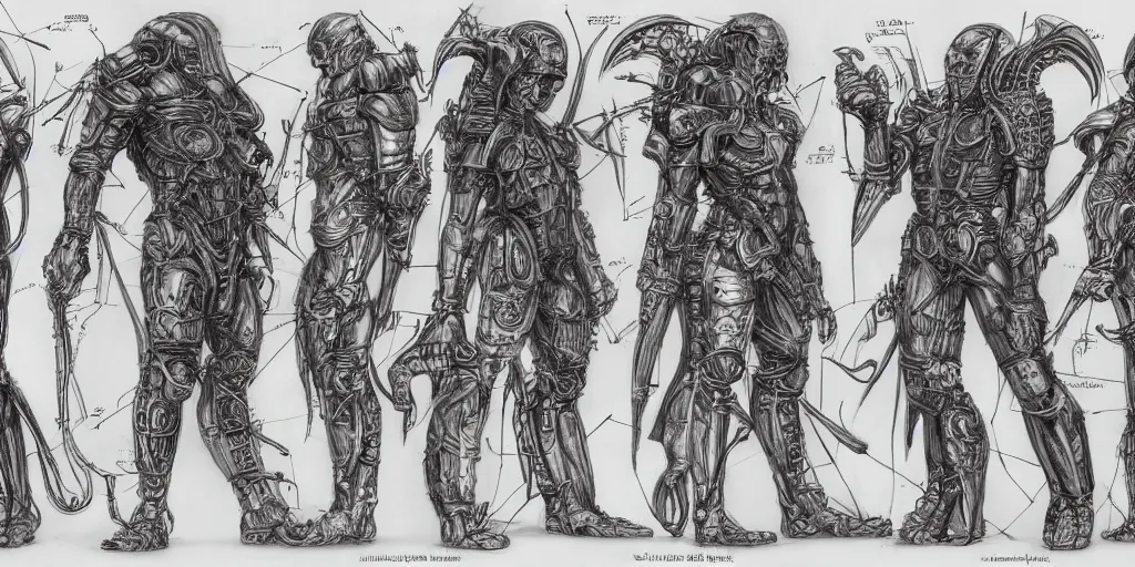 Prompt: highly detailed character sheet, technical drawing, side view, human game protagonist designs, side - scrolling 2 d platformer, art by h. r. giger, kim jung gi and jonathan wayshak