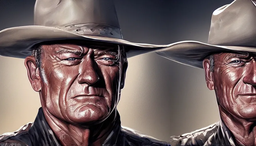 Prompt: Digital painting of John Wayne and Clint Eastwood, hyperdetailed, artstation, cgsociety, 8k