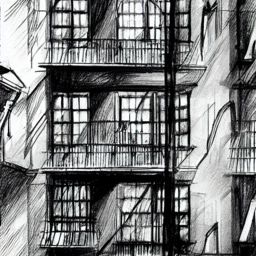 Prompt: pencil illustration of The set of Alfred hitchcocks rear window highly detailed, cinematic,