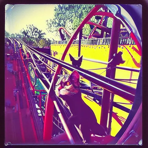 Prompt: black cat chilling on a rollercoaster. focus on cats face. sunlight. polaroid photo. bright colors.