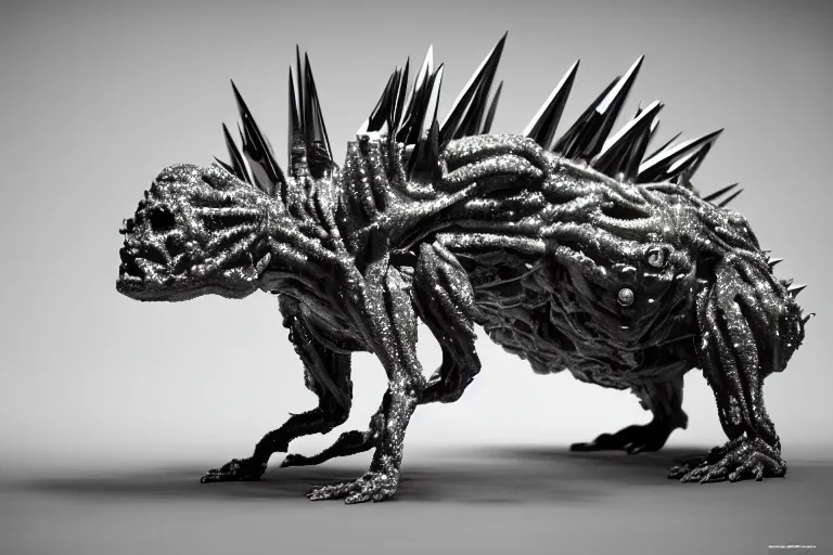Image similar to diamond creature made out of a humanoid nervous system with large meaty spikes all over the body, cinematic, volumetric lighting, f 8 aperture, cinematic eastman 5 3 8 4 film, photorealistic