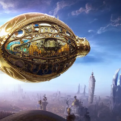 Image similar to enormous flying city in a faberge egg, sky, steampunk, fantasy art, masterpiece, unreal engine, intricate, intricate, intricate