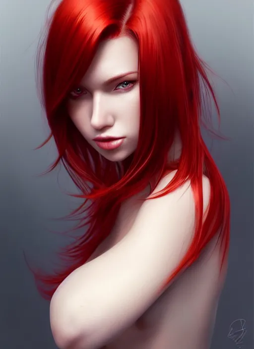 Image similar to photo of gorgeous woman with her right side hair dyed red and left side hair white in the style of stefan kostic, realistic, half body shot, sharp focus, 8 k high definition, insanely detailed, intricate, elegant, art by stanley lau and artgerm, foggy backgeound