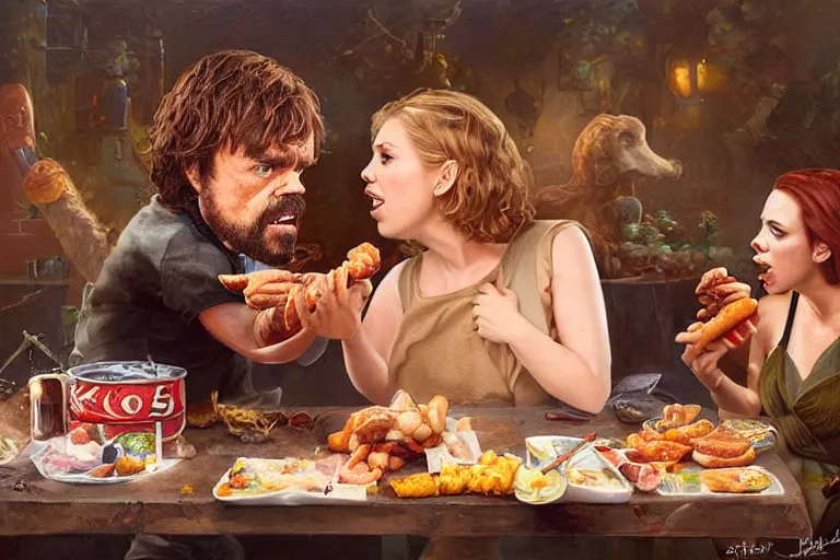 Image similar to portrait of peter dinklage sharing hotdogs with scarlett johansson, an oil painting by ross tran and thomas kincade