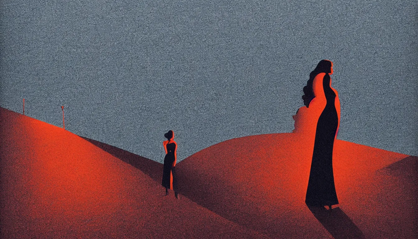 Prompt: woman by the beach, mads berg, karolis strautniekas, film noir, stippled light, dramatic lighting, editorial illustration, detailed, fine texture, matte print, art deco, brutalism, dark blue + dark orange, red, black, ( ( habitat 6 7 background ) )