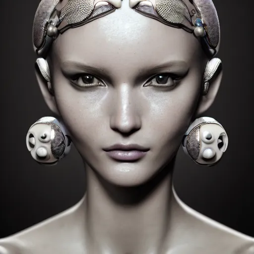 Image similar to closeup portrait of an absurdly beautiful, graceful, sophisticated, fashionable cyberpunk mechanoid gravure idol, an ultrafine hyperdetailed illustration by irakli nadar, matt wisniewski style, fashion photography, intricate linework, porcelain skin, jellyfish headdress, unreal engine 5 highly rendered, global illumination, radiant light, detailed and intricate environment