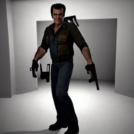 Prompt: a screenshot of bruce campbell in resident evil. 3 d rendering. unreal engine. amazing likeness. very detailed. cartoon caricature