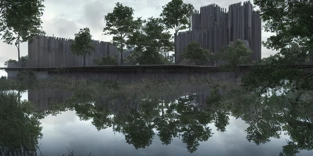 Image similar to an extremely detailed cathedral of brutalist architecture, surrounded by lush green forest, accurate reflections in murky ponds of water, stunning volumetric lighting, sunset, rusted steel, smooth concrete, stunning skies, trending on Artstation, 8k, photorealistic, hyper detailed, unreal engine 5, IMAX quality, cinematic, epic lighting, in the style of Doom and Greg Rutkowski