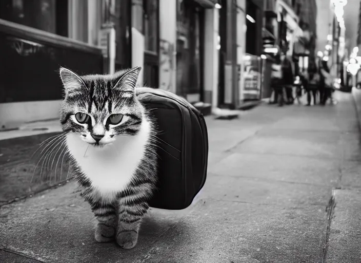 Image similar to photography of a Cat being carried in an half open backpack . in a new york street. award winning photo, led lighting, night, 130mm, sharp, high res