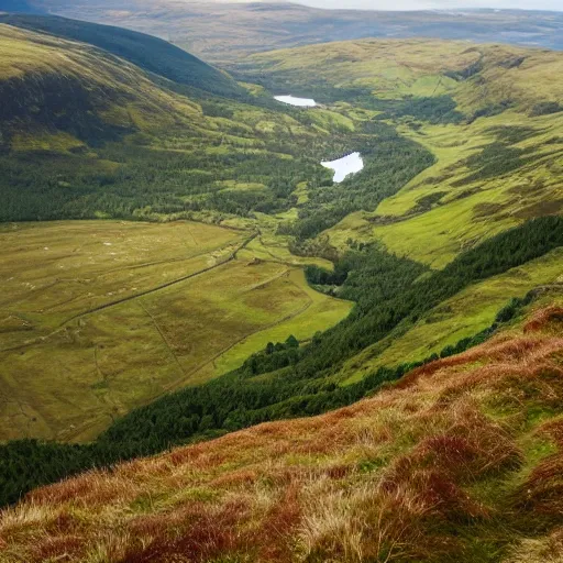 Image similar to view from the top of a scottish mountain towards a lush valley