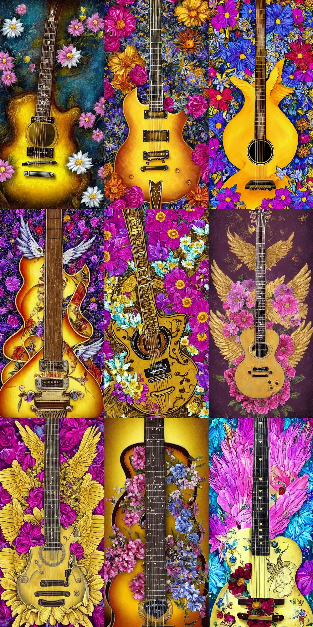 Prompt: high detailed digital painting of a gibson electric guitar, beautiful flowers, angel wings, symmetrical guitar, golden ratio, rule of thirds, flowers in background, flowerpunk, guitarcore, elegant, by lea leonowicz, by maks trofimov, by jenny brozek, by johannes wessmark