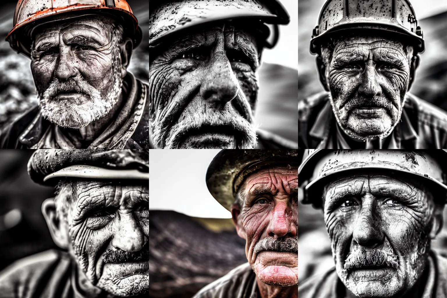 Prompt: older man mining in coal mines, close up portrait, face, old era, 4 k, high detail