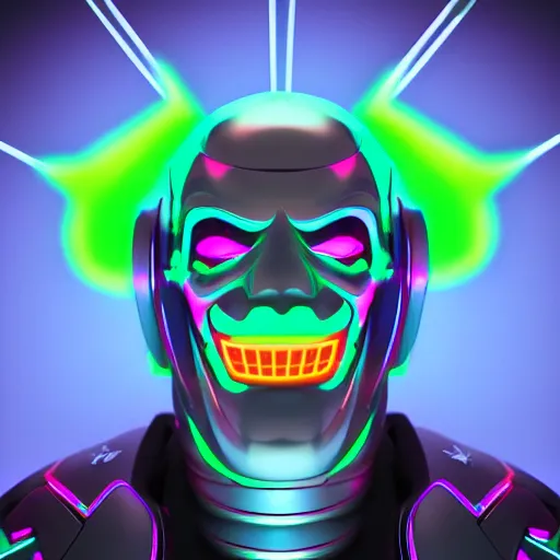 Prompt: robot joker neon glowwave, clouds, glowwave, digital art, artstation, unreal render