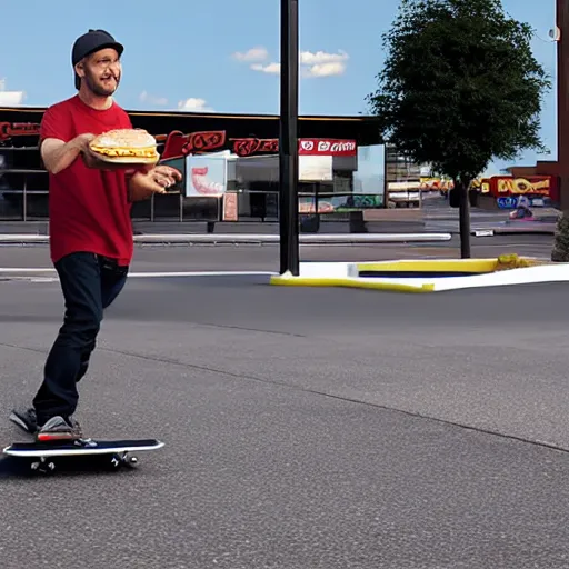 Image similar to kenny g skateboarding in a burger king parking lot, epic, cinematic, realism, ultra detailed, 8 k