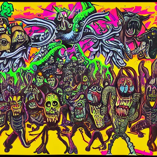 Image similar to mural of demons in rave party in hell by Chor Boogie