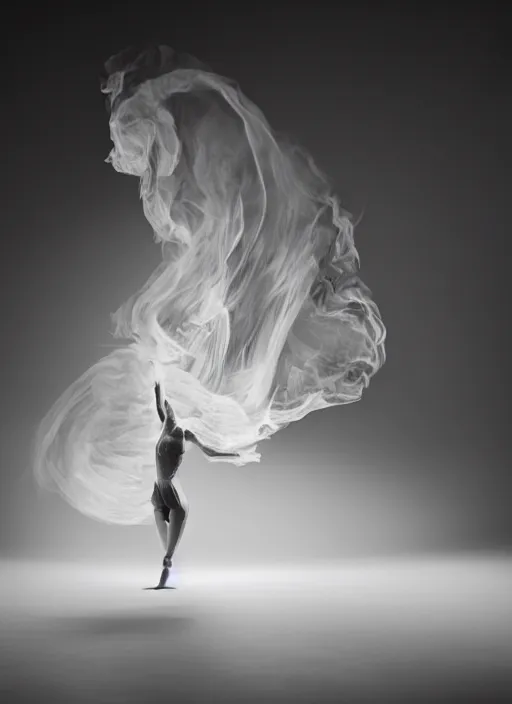 Image similar to a Photorealistic dramatic hyperrealistic render of a glamorous beautiful Female smoke dancer by Ken Brower and Deborah Ory of NYC Dance project,Lois Greenfield,Flowing cloth and smoke,Beautiful dynamic dramatic dark moody lighting,volumetric,shadows,cinematic atmosphere,Octane render,8K