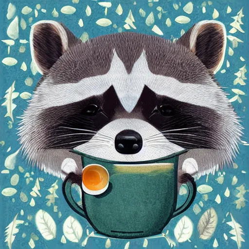 Prompt: digital art | a happy raccoon, holding a boba milky oolong tea, surrounded by aspen leaves and aspen branches. symmetrical, rule of thirds | digital art