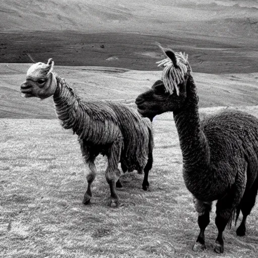 Prompt: still from lord of the rings showing the ride of the rohirrim, but on alpacas