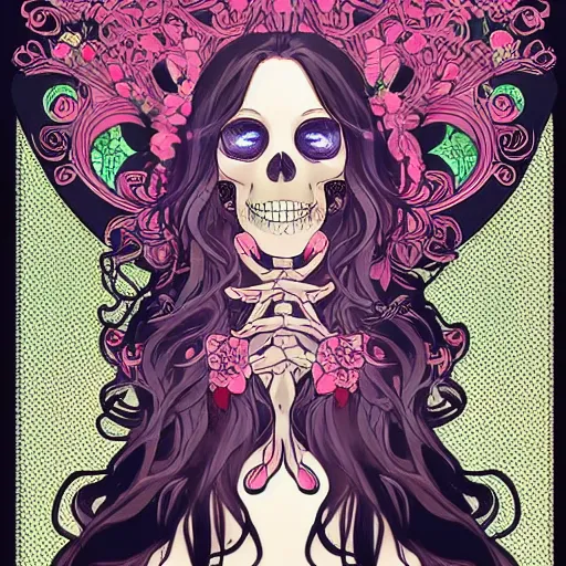 Image similar to anime manga skull portrait young woman hair floral by James Jean fairytale comic skeleton illustration style by Alphonse Mucha pop art nouveau