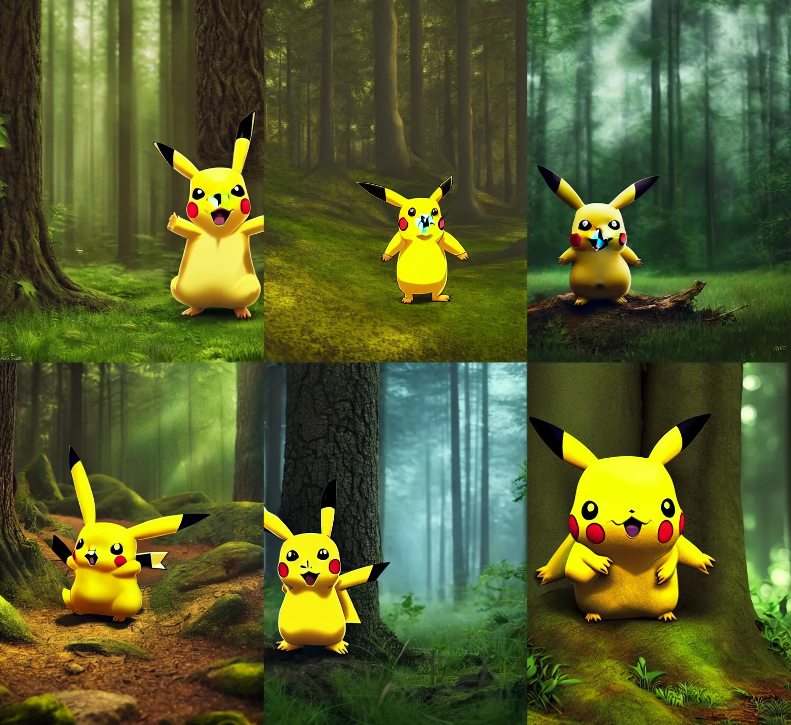 Prompt: A pikachu in a forest, highly detailed, digital painting, octane render, tone mapping, smooth, sharp focus, illustration