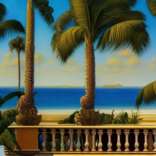 Image similar to a ultradetailed beautiful painting of the amazonas palace balustrade designed by edward robert hughes, tarsila do amaral, frank weston and gustave baumann, beach, trending on artstation, mediterranean, palm trees, detailed face, sharp focus, soft light, 8 k 4 k