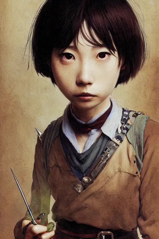 Image similar to miyazaki aoi as mathilda, school uniform, battle warrior, lord of the rings, tattoos, decorative ornaments, by carl spitzweg, ismail inceoglu, vdragan bibin, hans thoma, greg rutkowski, alexandros pyromallis, perfect face, fine details, realistic shading, photorealism