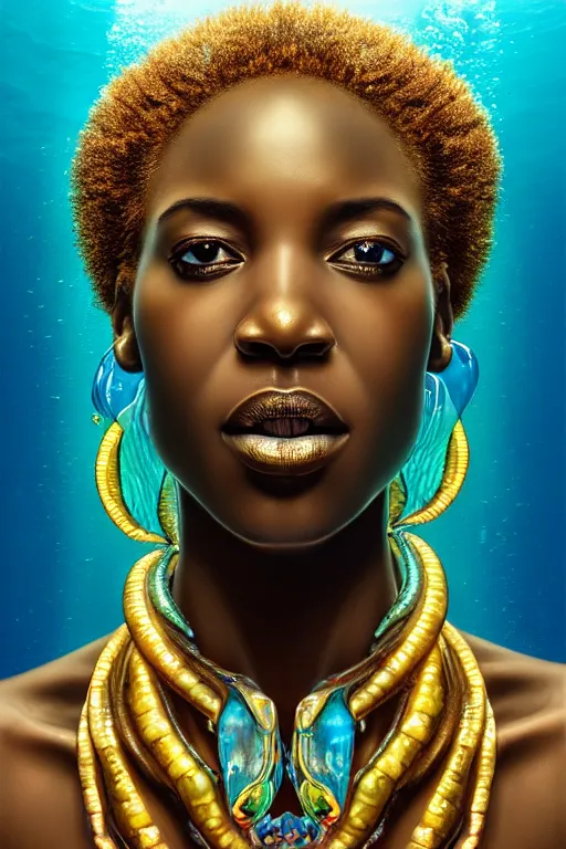 Prompt: hyperrealistic wide shot of very expressive! translucent!! african goddess, cinematic underwater scene with fish and algae, gold jewerly, highly detailed face, digital art masterpiece, eric zener cam de leon, dramatic pearlescent turquoise light on one side, low angle uhd 8 k, shallow depth of field