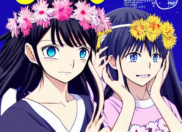 Image similar to ;Weekly Shonen Jump Issue 14, cover, 2000 A illustrative illustration of the perfect anime waifu with a flower crown of fantasies 'anime illustration japanese very very beautiful cute girls doing cute things trending on artstation pixiv makoto shinkai smiling super detailed eyes eyebrowless symmetry face visual novel hairpin star