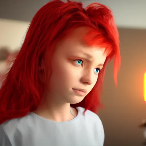 Image similar to callinator 2 0 0 0, red hair, 7 years old, 3 d unreal engine, cinematic lighting, 8 k, octane render, - i,