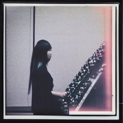 Image similar to 1 9 7 0 s polaroid of a female japanese musician playing a vintage modular synthesizer, hazy, faded