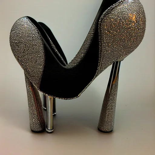 Prompt: High heels, extremely futuristic, curved shape, metallic, with sparkling gems on top, realistic, high detail, photo-realistic, shining