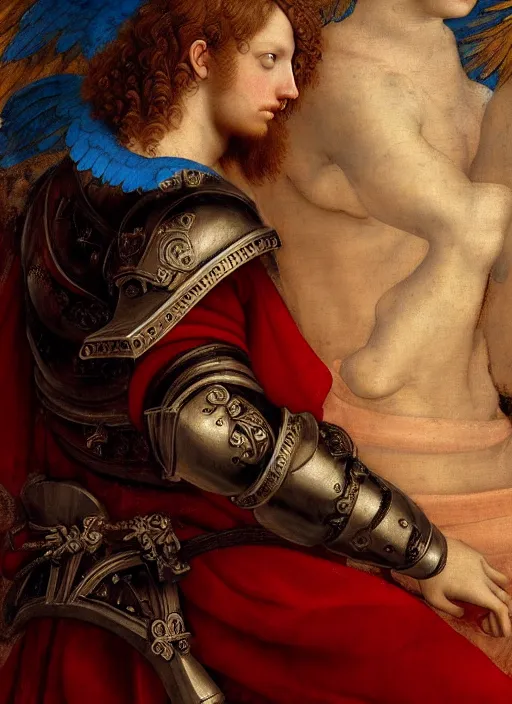 Prompt: a beautiful intricate renaissance painting portrait of a bulky short haired man angel aasimar paladin knight in an ornate completely red heavy armor with a shining heavenly sword and giant blue wings, by Raphael, Leonardo DaVinci, great masterpiece, award winning historic painting, dynamic composition, trending on artstation,4k, 8k