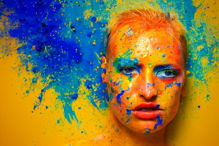 Prompt: a highly detailed cinematic headshot portrait photograph of thrown paint forming a human face, with blue and orange and yellow paint splash, liquid, ultra realistic, beautiful rim lighting, by richard avedon and annie leibovitz and arnold newman, photorealistic, hyperrealistic, octane, hasselblad camera, zeiss lens, sharp focus, paint splash