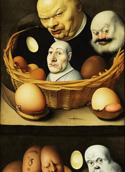 Image similar to carton of gregs'eggs with silly round humpty dumpty jack black facial expressions, realistic, by hieronymus bosch and pieter brueghel