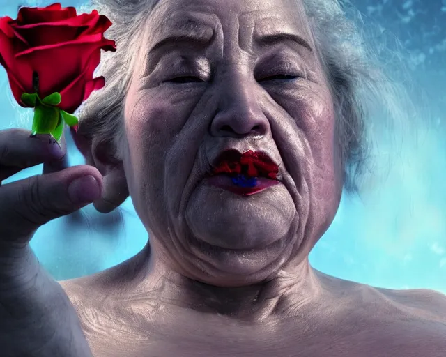 Image similar to of a very beautiful scene. ambient occlusion render. a sweet fat old woman is giving birth a beautiful colorful rose. hyper realistic. 4 k. wide angle. wild. symmetrical face, red mouth, blue eyes. deep focus, lovely scene. ambient occlusion render. concept art. unreal engine.