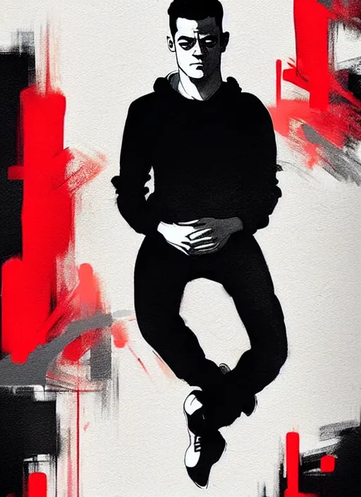 Image similar to highly detailed moody portrait of rami malek, elliot anderson, black hoody by atey ghailan, by greg rutkowski, by greg tocchini, by james gilleard, by joe fenton, by kaethe butcher, gradient red, black and white color scheme, grunge aesthetic!!! ( ( graffiti tag wall background ) )